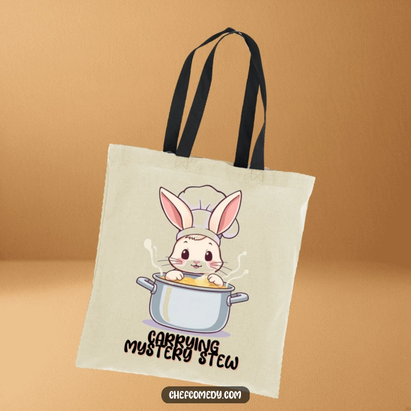 Curious rabbit chef peeking into a bubbling pot, a charming and practical tote bag for grocery shopping or everyday use.