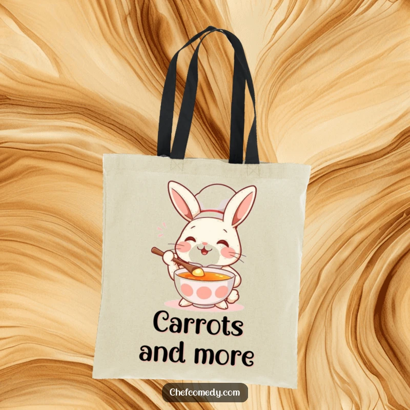 Funny rabbit chef tasting soup with a spoon, a look of pure delight, humorous tote bag.
