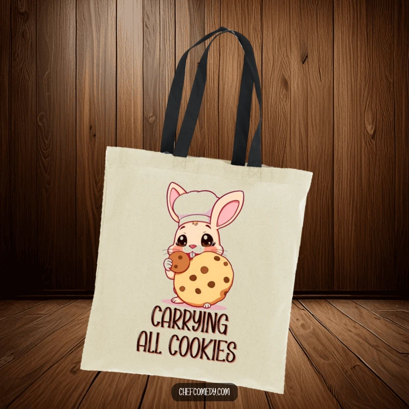 Funny Rabbit Chef Tote Bag: A rabbit chef with wide eyes happily tasting a giant cookie, a cute and functional accessory.