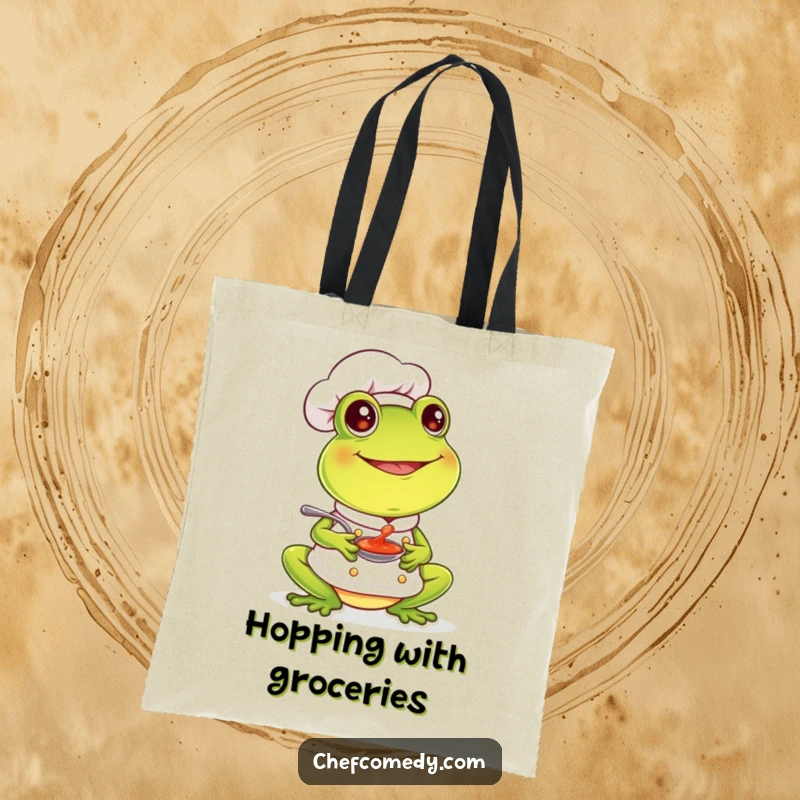 Funny frog chef happily tasting sauce, printed on a durable tote bag, bringing joy to shoppers.