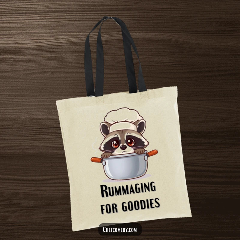 Funny raccoon chef with wide eyes peeking, printed on a durable tote bag, perfect for curious shoppers.
